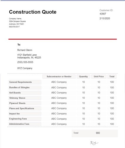Construction Quote Example