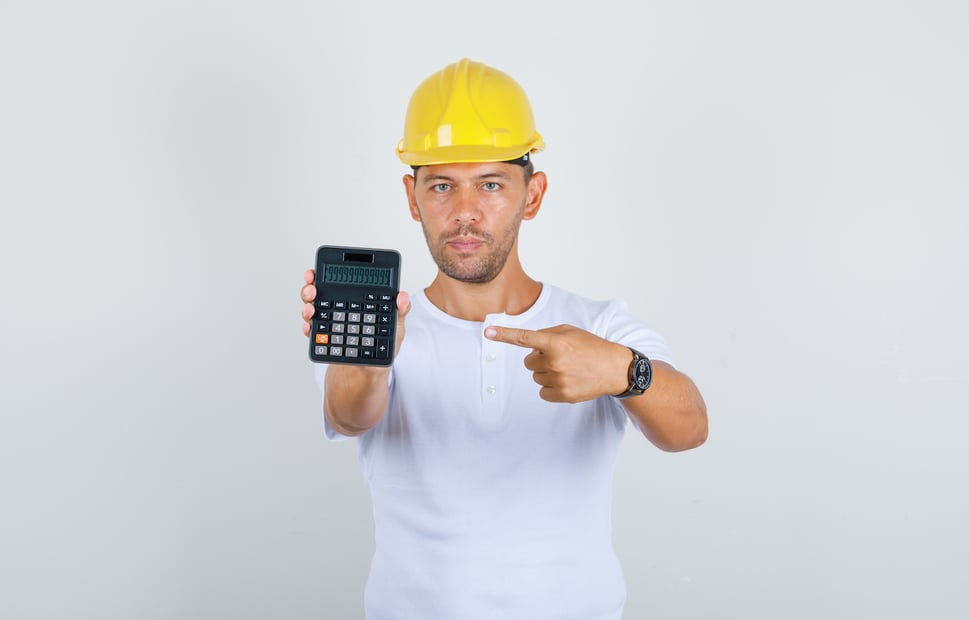 builder-man-pointing-finger-calculator-white-t-shirt-helmet-front-view
